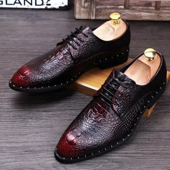 Mens Leather Burgundy Crocodile Oxford Shoes Size 9