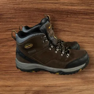 Men’s Skechers Leather Waterproof Brown Yellow Hiking Boots, Size 8 1/2.