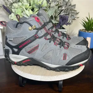 MERRELL Deverta Vent Waterproof Mid Boot Lace Up Gray Red Womens Hiking Outdoor