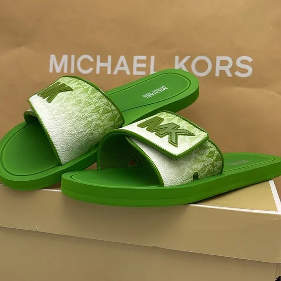 Michael Kors Green Slide Logo Sandals Palmer Ombré SignatureJungle Green NWT