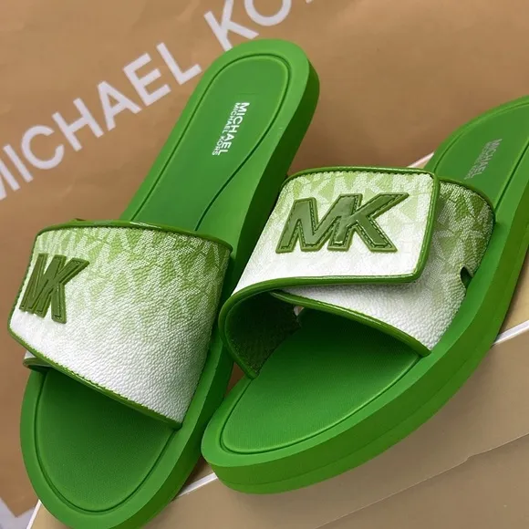 Michael Kors Green Slide Logo Sandals Palmer Ombré SignatureJungle Green NWT