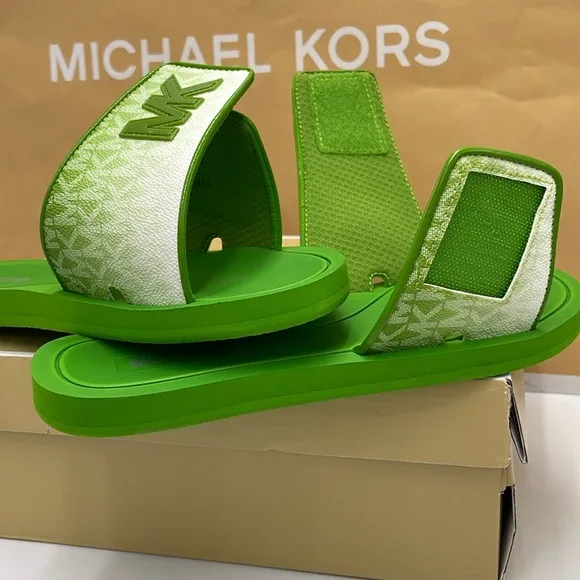 Michael Kors Green Slide Logo Sandals Palmer Ombré SignatureJungle Green NWT