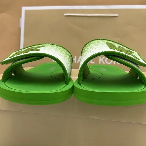 Michael Kors Green Slide Logo Sandals Palmer Ombré SignatureJungle Green NWT
