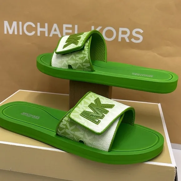 Michael Kors Green Slide Logo Sandals Palmer Ombré SignatureJungle Green NWT