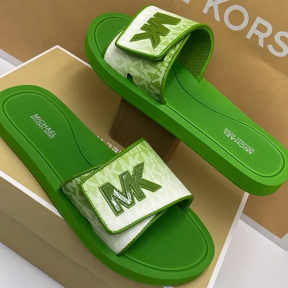 Michael Kors Green Slide Logo Sandals Palmer Ombré SignatureJungle Green NWT