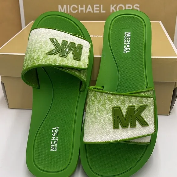 Michael Kors Green Slide Logo Sandals Palmer Ombré SignatureJungle Green NWT