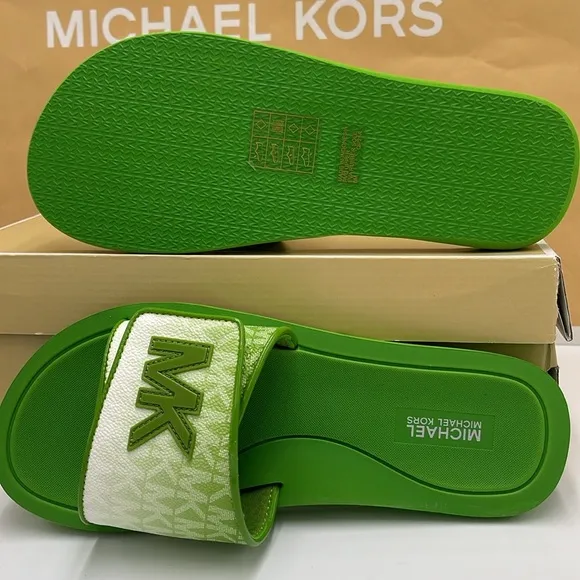 Michael Kors Green Slide Logo Sandals Palmer Ombré SignatureJungle Green NWT