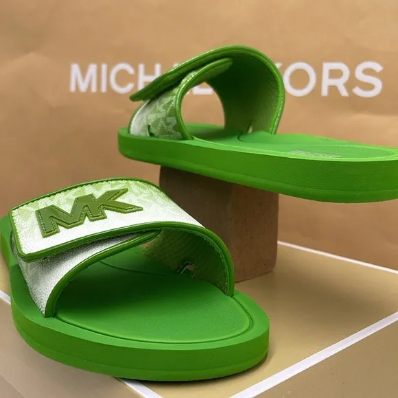 Michael Kors Green Slide Logo Sandals Palmer Ombré SignatureJungle Green NWT