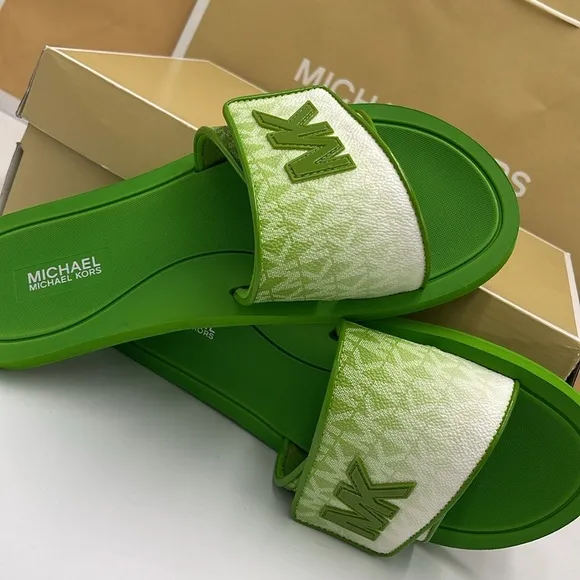 Michael Kors Green Slide Logo Sandals Palmer Ombré SignatureJungle Green NWT