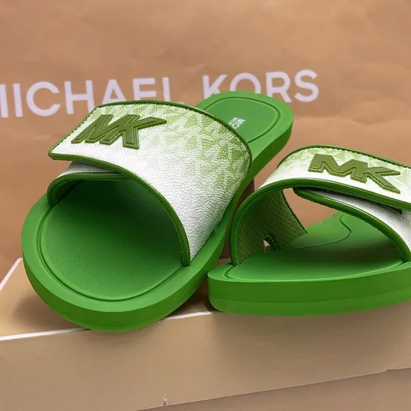 Michael Kors Green Slide Logo Sandals Palmer Ombré SignatureJungle Green NWT