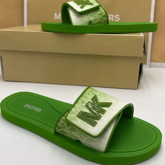 Michael Kors Green Slide Logo Sandals Palmer Ombré SignatureJungle Green NWT
