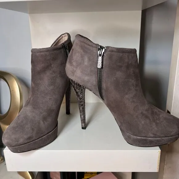 Michael Kors Grey Suede Platform‎ Ankle Boots with Snake Pattern Heel Size-9.5