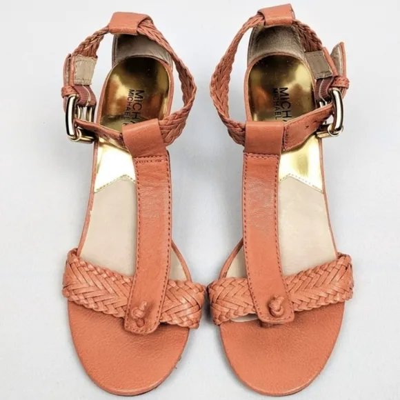 Michael Kors Juniper T-Strap Thong Sandal Woven Leather Cone Heel Orange 6.5