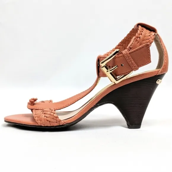 Michael Kors Juniper T-Strap Thong Sandal Woven Leather Cone Heel Orange 6.5