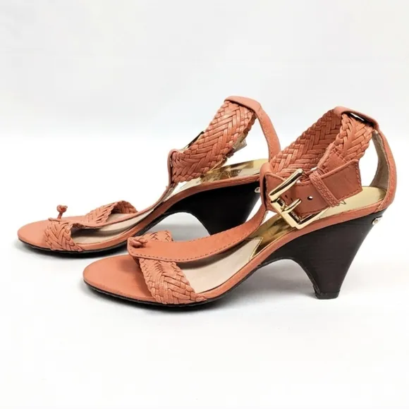 Michael Kors Juniper T-Strap Thong Sandal Woven Leather Cone Heel Orange 6.5