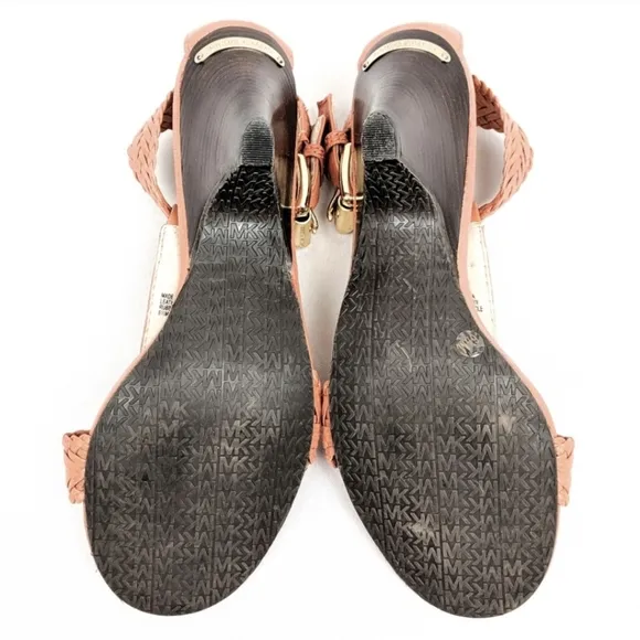 Michael Kors Juniper T-Strap Thong Sandal Woven Leather Cone Heel Orange 6.5