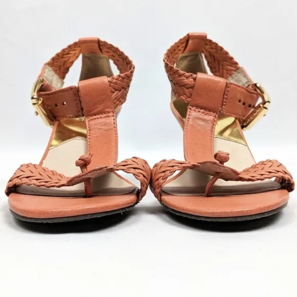 Michael Kors Juniper T-Strap Thong Sandal Woven Leather Cone Heel Orange 6.5