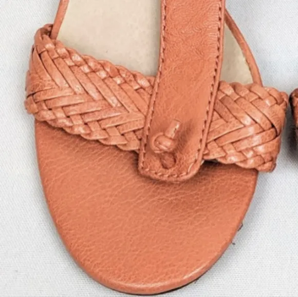 Michael Kors Juniper T-Strap Thong Sandal Woven Leather Cone Heel Orange 6.5