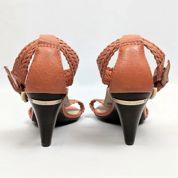 Michael Kors Juniper T-Strap Thong Sandal Woven Leather Cone Heel Orange 6.5