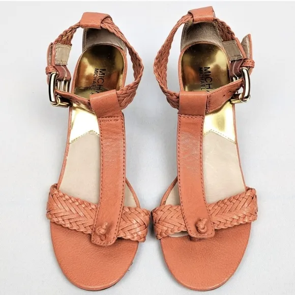 Michael Kors Juniper T-Strap Thong Sandal Woven Leather Cone Heel Orange 6.5
