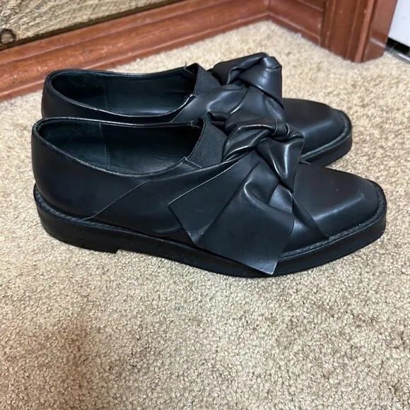 Miista Priyanka Flats Shoes Black Brogues With Bow Leather Size 37/ US 6-6.5