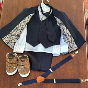 Navy Blue Formal Suit Set with Dino Shoes and Suspenders