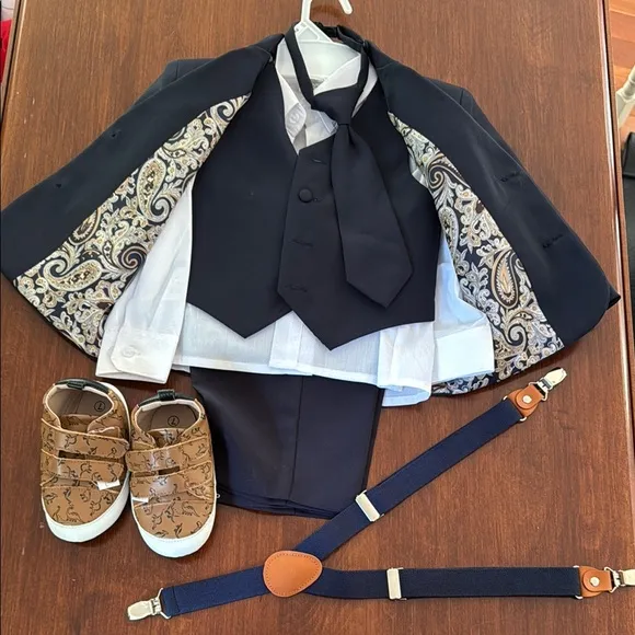 Navy Blue Formal Suit Set with Dino Shoes and Suspenders