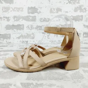 New Eileen Fisher Noni Tan Leather Ankle Strap Block Heel Back Zip Sandals A185