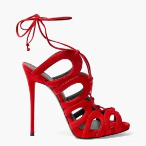 NEW Giuseppe Zanotti Caged Lace Up Red Suede Heels Size 38