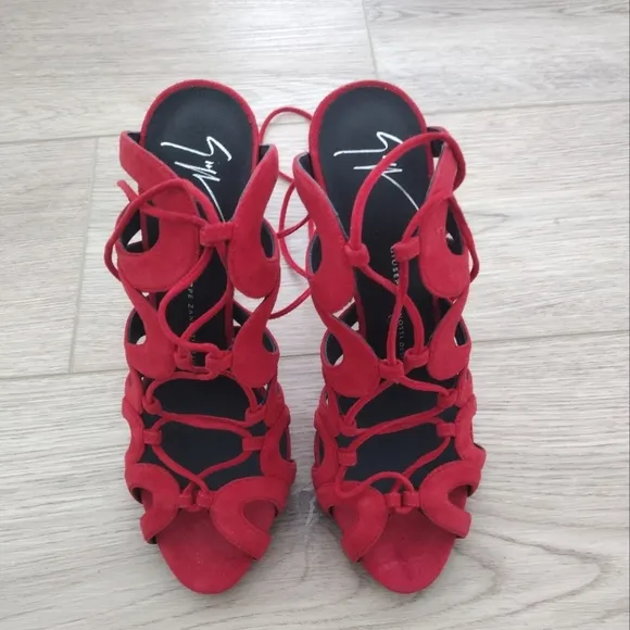 NEW Giuseppe Zanotti Caged Lace Up Red Suede Heels Size 38
