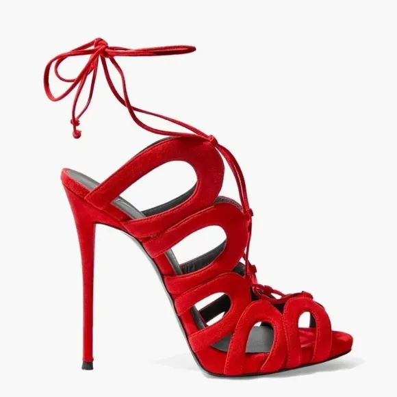 NEW Giuseppe Zanotti Caged Lace Up Red Suede Heels Size 38