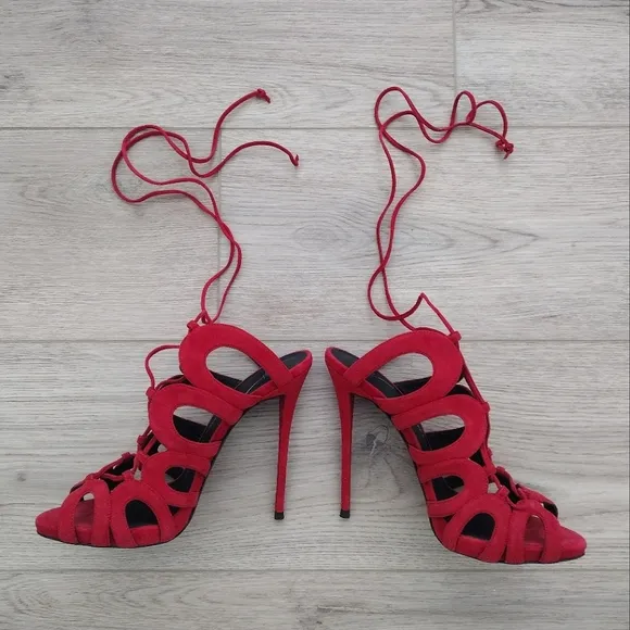 NEW Giuseppe Zanotti Caged Lace Up Red Suede Heels Size 38
