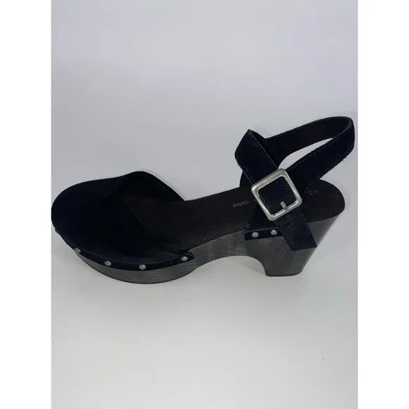 NEW House of Harlow Black Suede Leather Clog Chunky‎ Heel Cherub Shoes 9 Women