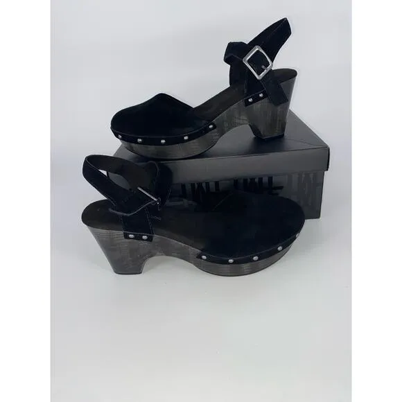 NEW House of Harlow Black Suede Leather Clog Chunky‎ Heel Cherub Shoes 9 Women