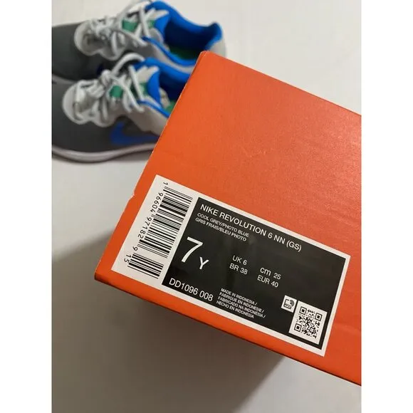 New Youth Size 7Y Grey Blue Nike Revolution 6 NN (GS) Running Shoes DD1096 008