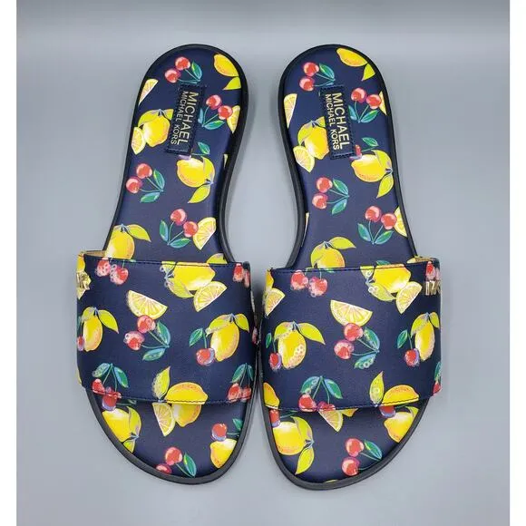 NIB Michael Kors Deanna Sequined Fruit Print Slide Sandal Navy Multi Size 7M