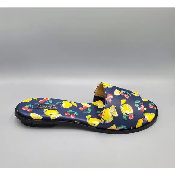 NIB Michael Kors Deanna Sequined Fruit Print Slide Sandal Navy Multi Size 7M