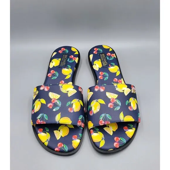 NIB Michael Kors Deanna Sequined Fruit Print Slide Sandal Navy Multi Size 7M