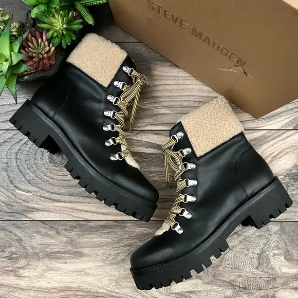 NIB Steve Madden Aniko Faux Fur Lace Up Faux Leather Winter Combat Boots