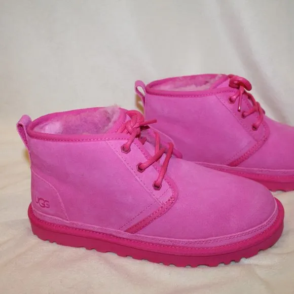 NIB UGG WOMEN NEUMEL TAFFY PINK SUEDE SHEARLING LINED LACE UP ANKLE WINTER BOOTS