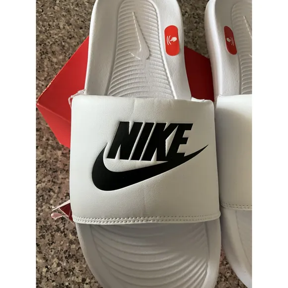 Nike Victori One Slide Sandals WHITE BLACK SWOOSH CN9675-100 SZ:14