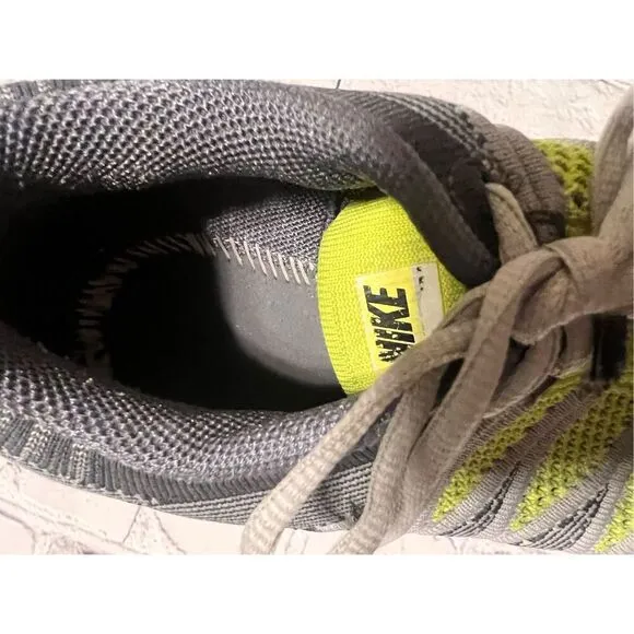 Nike Men's Size 10 Flyknit Running Shoes Gray Volt Neon Yellow Athletic Workout
