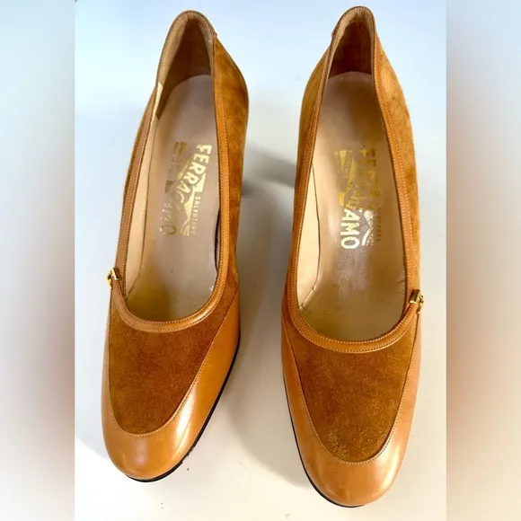 NWOT Salvatore Ferragamo Suede and Leather Pumps, logo buckle, size 6.5 B
