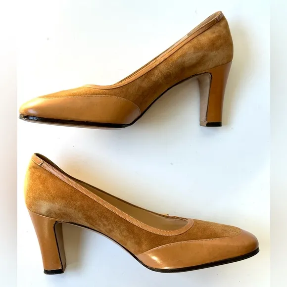 NWOT Salvatore Ferragamo Suede and Leather Pumps, logo buckle, size 6.5 B