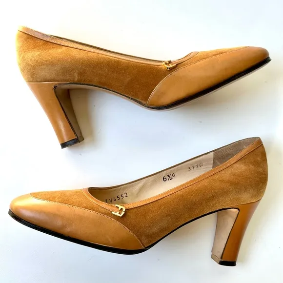 NWOT Salvatore Ferragamo Suede and Leather Pumps, logo buckle, size 6.5 B