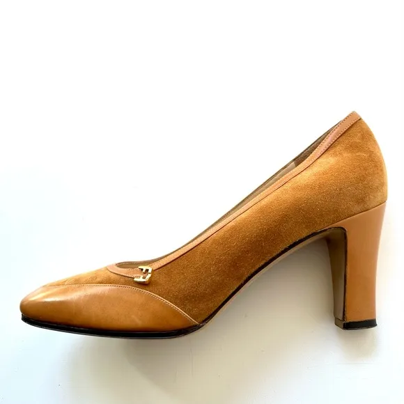 NWOT Salvatore Ferragamo Suede and Leather Pumps, logo buckle, size 6.5 B