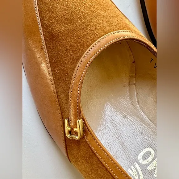 NWOT Salvatore Ferragamo Suede and Leather Pumps, logo buckle, size 6.5 B
