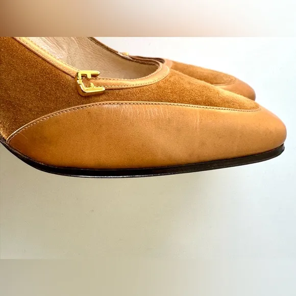 NWOT Salvatore Ferragamo Suede and Leather Pumps, logo buckle, size 6.5 B