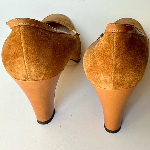 NWOT Salvatore Ferragamo Suede and Leather Pumps, logo buckle, size 6.5 B