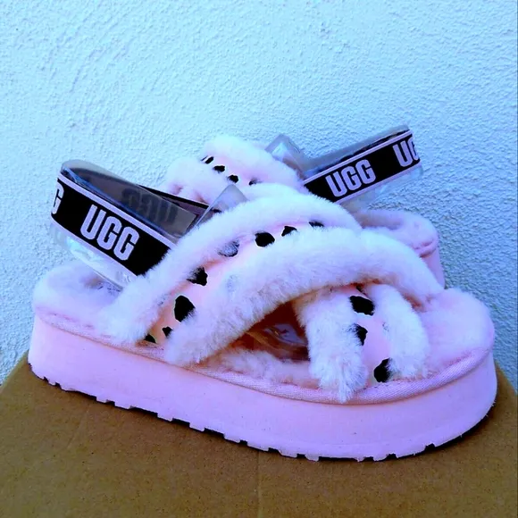 NWOT UGG FLUFF DISCO CROSS ANIMALIA SLIDE PLATFORM SANDALS SIZE 12